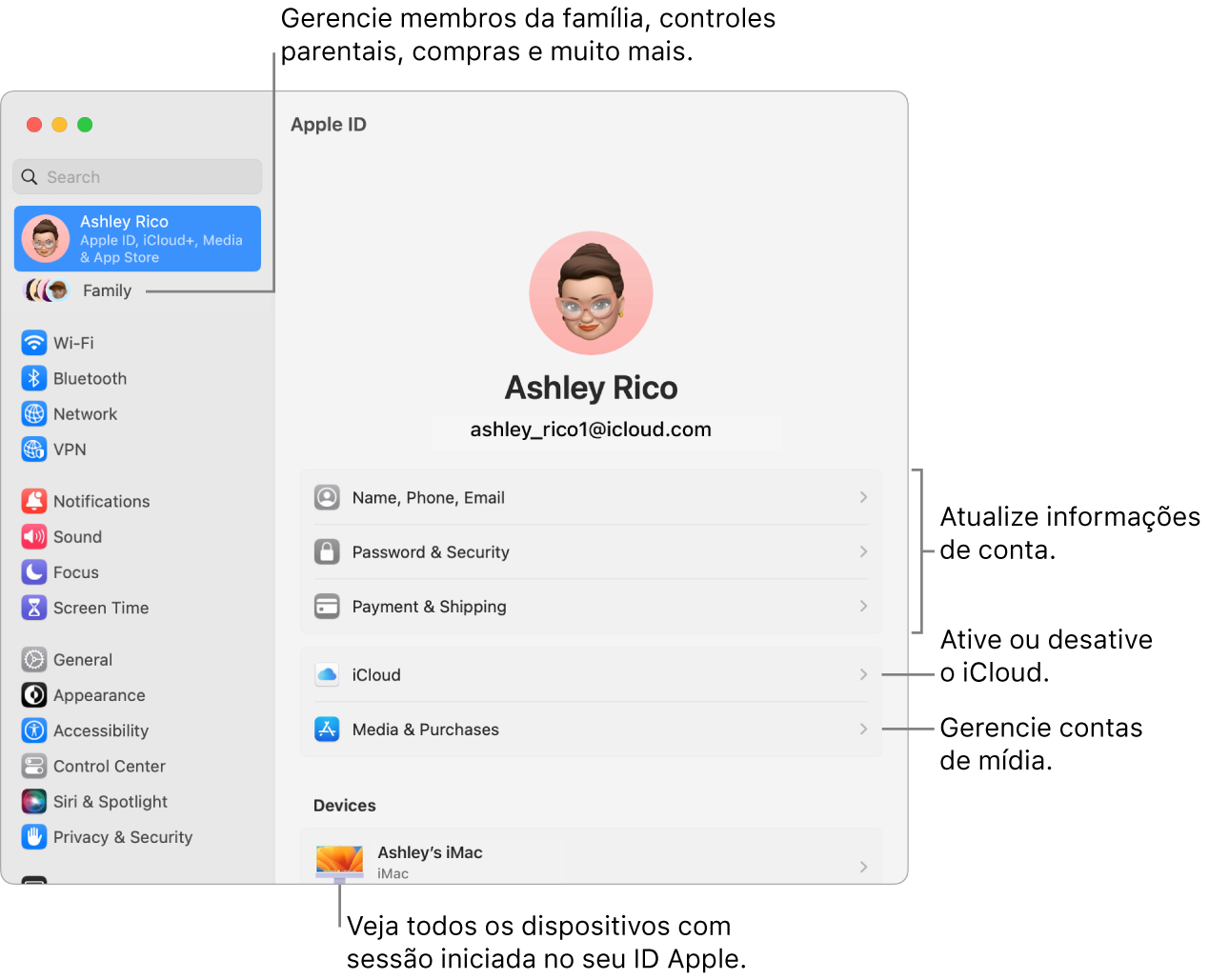 Ajustes do ID Apple nos Ajustes do Sistema com chamadas para atualizar informações da conta, ativar ou desativar recursos do iCloud, gerenciar contas de mídia, e Família, onde você pode gerenciar membros da família, controles parentais, compras, dentre outros.