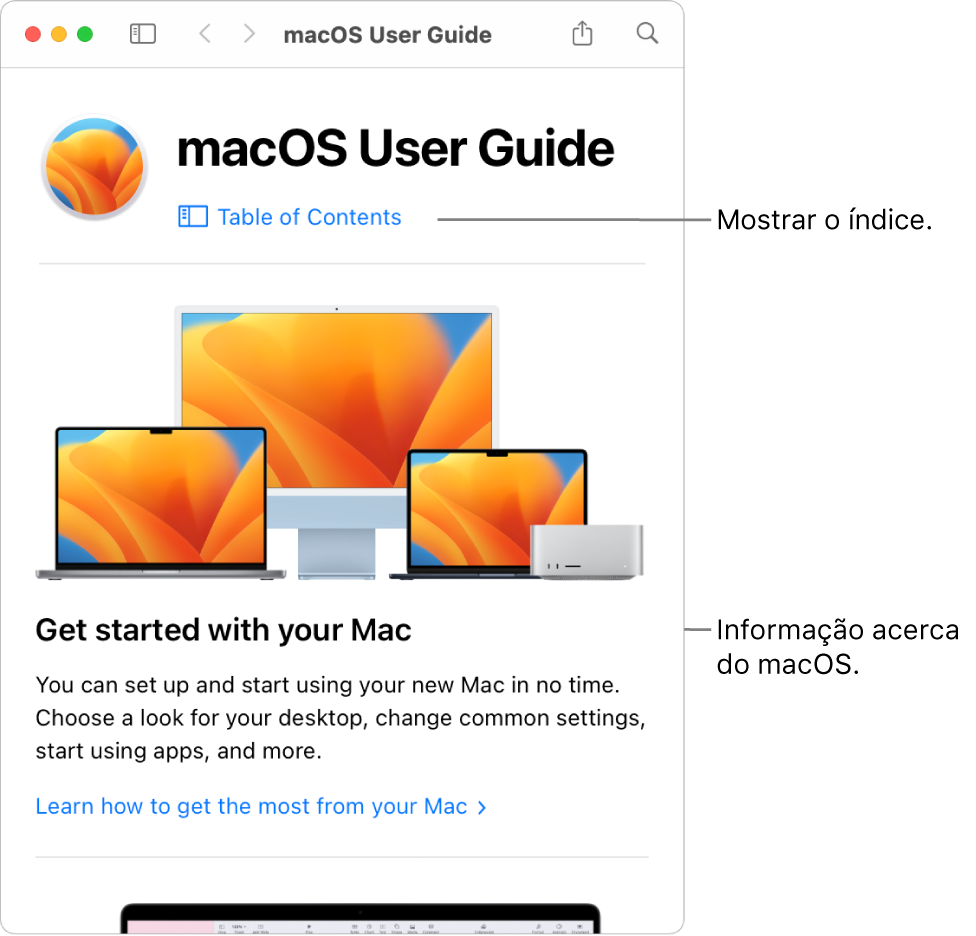 A página de introdução ao Manual de Utilização do macOS a mostrar a hiperligação “Índice”.