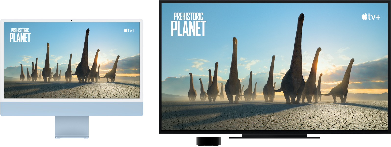 Un iMac având conținutul oglindit pe un HDTV de mari dimensiuni utilizând un Apple TV.