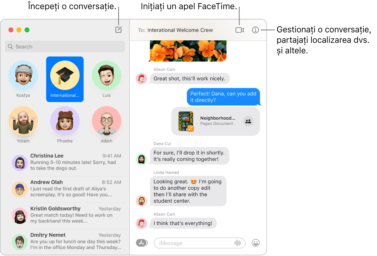 O fereastră de mesaje afișând cum să începeți o conversație și cum să începeți un apel FaceTime.