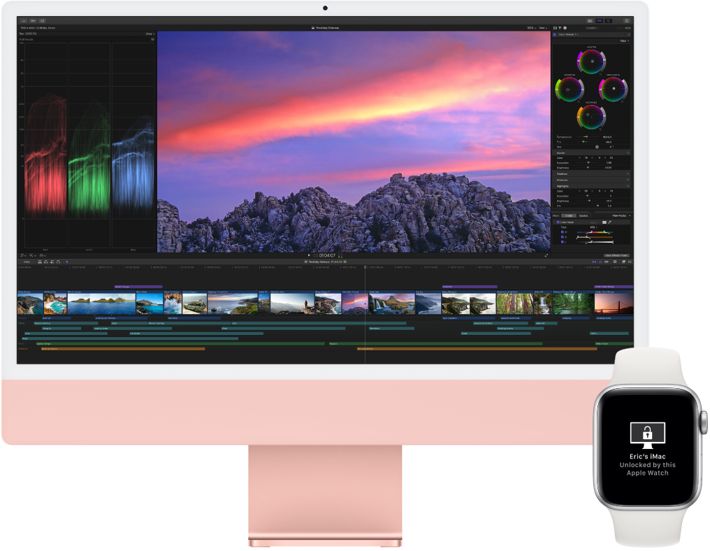 iMac, а рядом с ним Apple Watch, на экране которых отображается сообщение, что Mac был разблокирован при помощи часов.