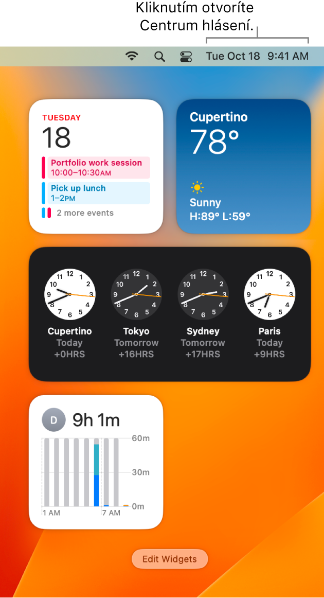 Centrum hlásení s hláseniami a widgetmi pre apky Kalendár, Počasie, Hodiny a Čas pred obrazovkou.