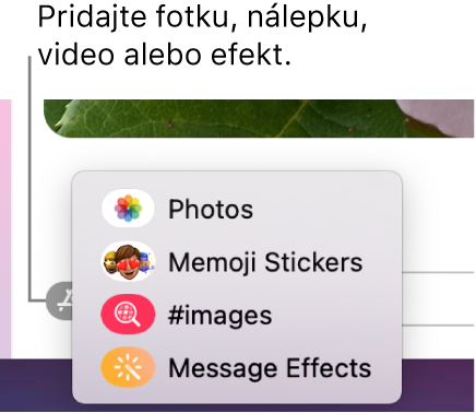 Menu Apky s možnosťami zobrazenia fotiek, Memoji nálepiek, GIF obrázkov a efektov správ.