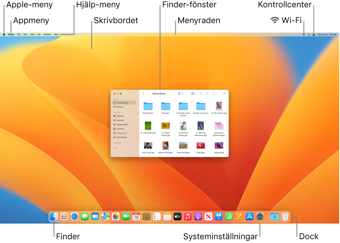 Zaslon računalnika Mac s prikazom menija Apple, menija z aplikacijami, menija Help, namizja, menijske vrstice, okna Finder, ikone omrežja Wi-Fi, ikone Control Center, ikone Finder, ikone System Settings in vrstice Dock.