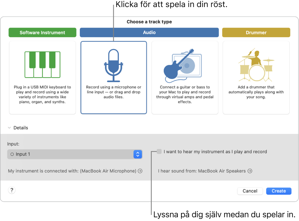 Instrumentna plošča GarageBand, ki prikazuje, kam klikniti, če želite posneti vokal in se med snemanjem poslušati.