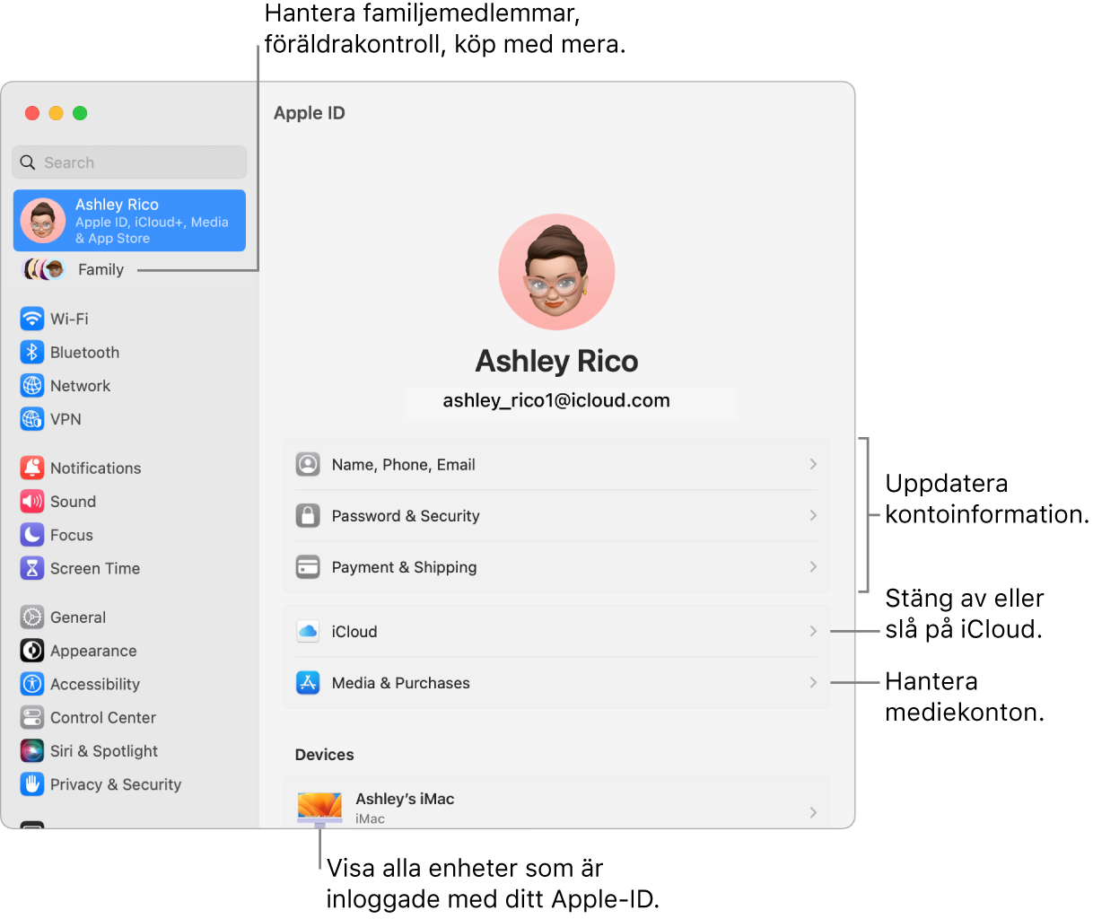 Nastavitve Apple ID v System Settings z oblački za posodobitev informacij o računu, vklop ali izklop funkcij iCloud, upravljanje predstavnostnih računov in Family, kjer lahko upravljate družinske člane, starševski nadzor, nakupe in še več.