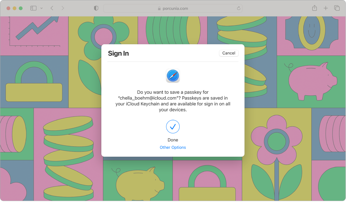 Okno Safari, v katerem je prikazano pogovorno okno Sign In, v katerem je prikazano, ali želi uporabnik shraniti geslo. V pogovornem oknu je navedeno, da so gesla shranjena v iCloud keychain in so na voljo za prijavo v vseh vaših napravah. Modra kljukica označuje, da je bilo geslo passkey ustvarjeno, in na voljo je povezava do drugih možnosti za ustvarjanje gesla passkey.