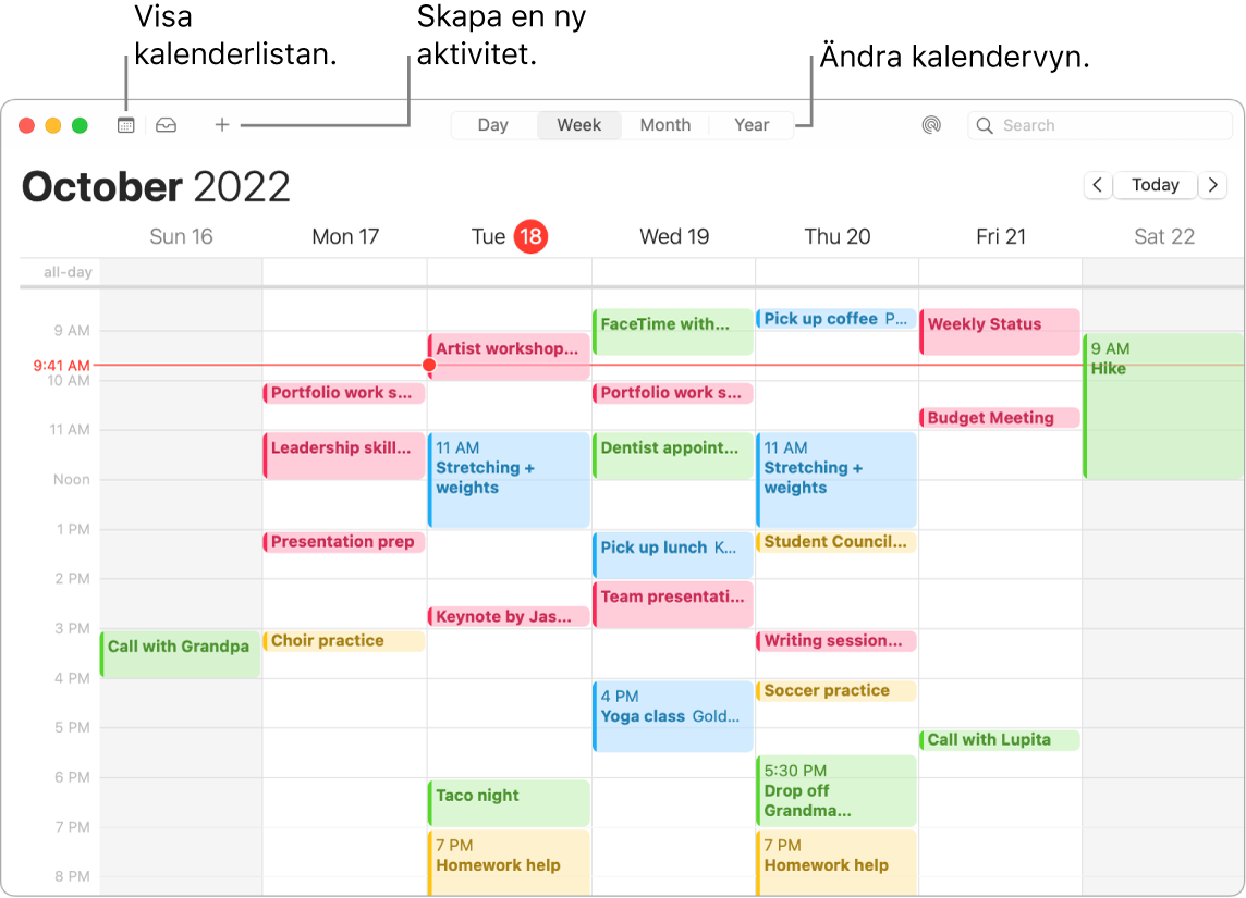 Ett Kalender-fönster som visar kalenderlistan, hur du skapar en aktivitet och hur du väljer dag-, vecko-, månads- eller årsvyn.
