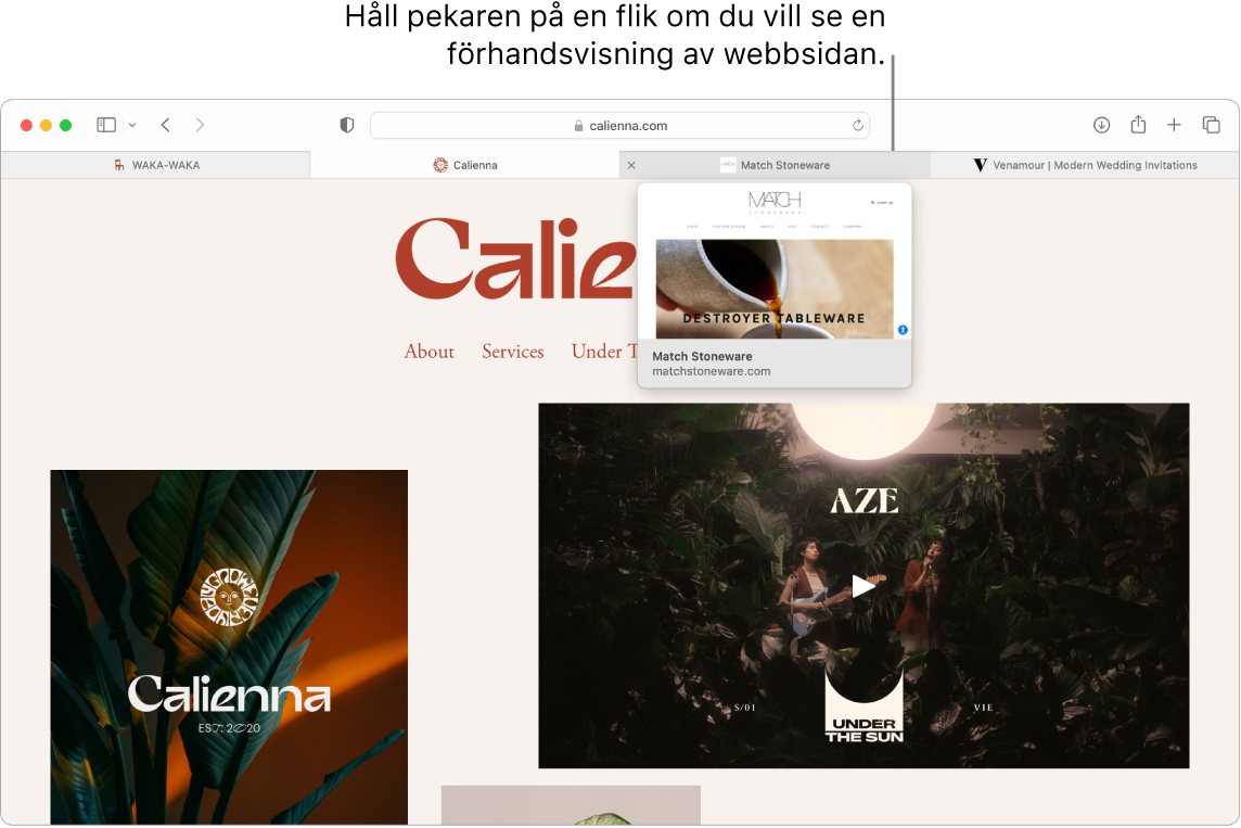 Ett Safari-fönster med en aktiv webbsida som heter ”Calienna”, tillsammans med 3 ytterligare flikar, och ett streck till en förhandsvisning av fliken ”Match Stoneware” med texten ”Håll pekaren över en flik för att se en förhandsvisning av webbsidan”.