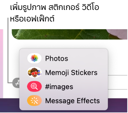 เมนูแอปที่มีตัวเลือกสำหรับการแสดงรูปภาพ, สติกเกอร์ Memoji, GIF และเอฟเฟ็กต์ข้อความ