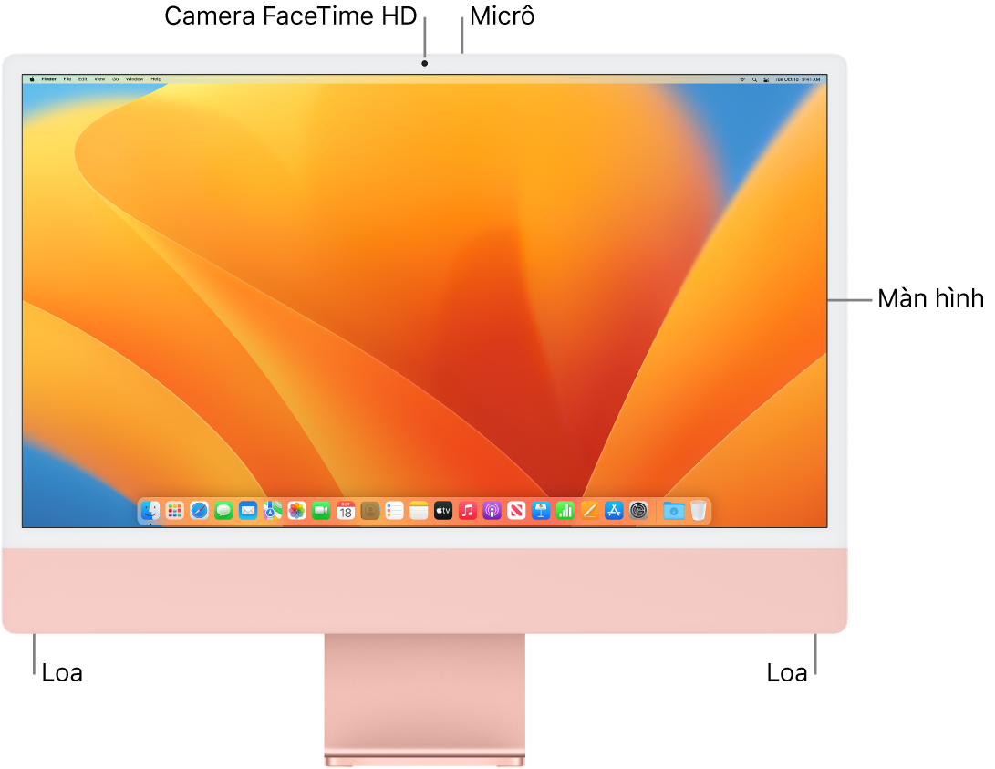 Hình ảnh mặt trước của iMac, đang hiển thị màn hình, camera, micrô và loa.