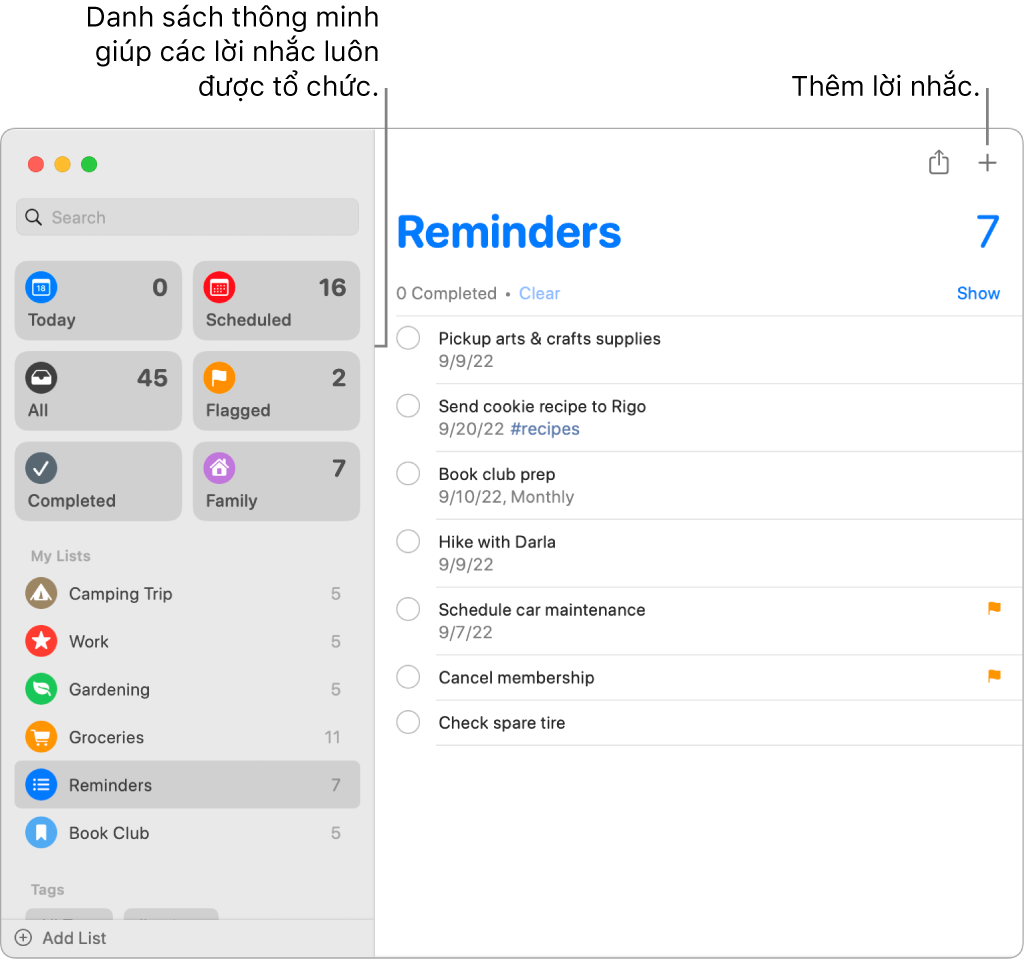 Một cửa sổ Lời nhắc với các danh sách thông minh ở bên trái và các lời nhắc và danh sách khác ở bên dưới. Con trỏ đang ở trong một lời nhắc. Có các chú thích đến Danh sách thông minh và đến nút “Thêm một lời nhắc mới”.