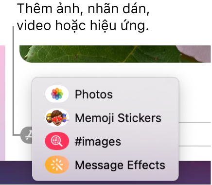 Menu Ứng dụng với các tùy chọn để hiển thị ảnh, nhãn dán Memoji, GIF và hiệu ứng tin nhắn.
