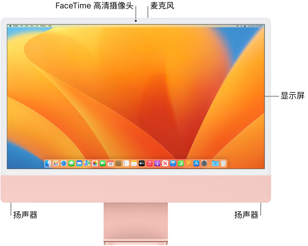 iMac 的正面视图，显示显示屏、摄像头、麦克风和扬声器。