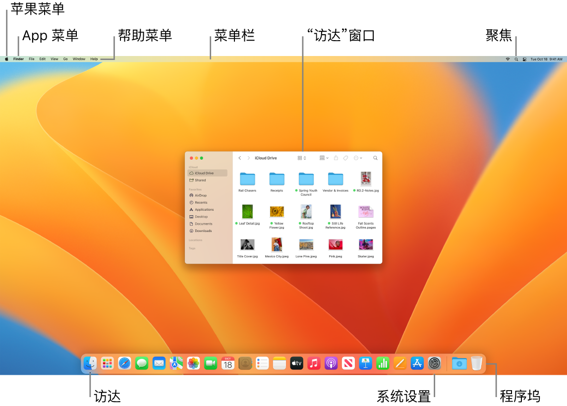 显示苹果菜单、App 菜单、“帮助”菜单、菜单栏、“访达”窗口、“聚焦”图标、“访达”图标、“系统设置”图标以及程序坞的 Mac 屏幕。