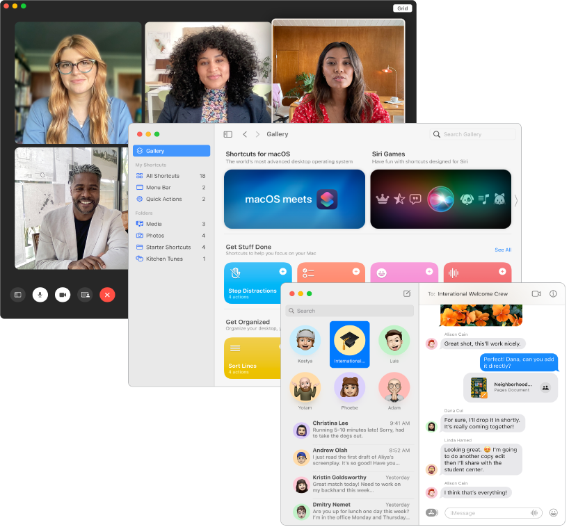 Препокриващи се екрани на приложенията FaceTime, Shortcuts (Бързи команди) и Messages (Съобщения).