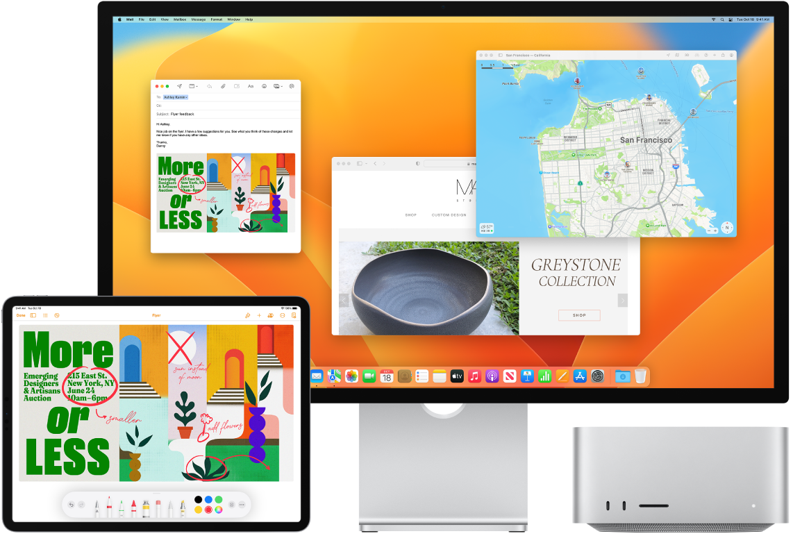 Един до друг са показани един Mac Studio и един iPad. Екранът на iPad показва брошура с анотации. Екранът на Mac Studio има отворено съобщение от Mail (Поща) с прикачен файл брошурата с анотациите от iPad.