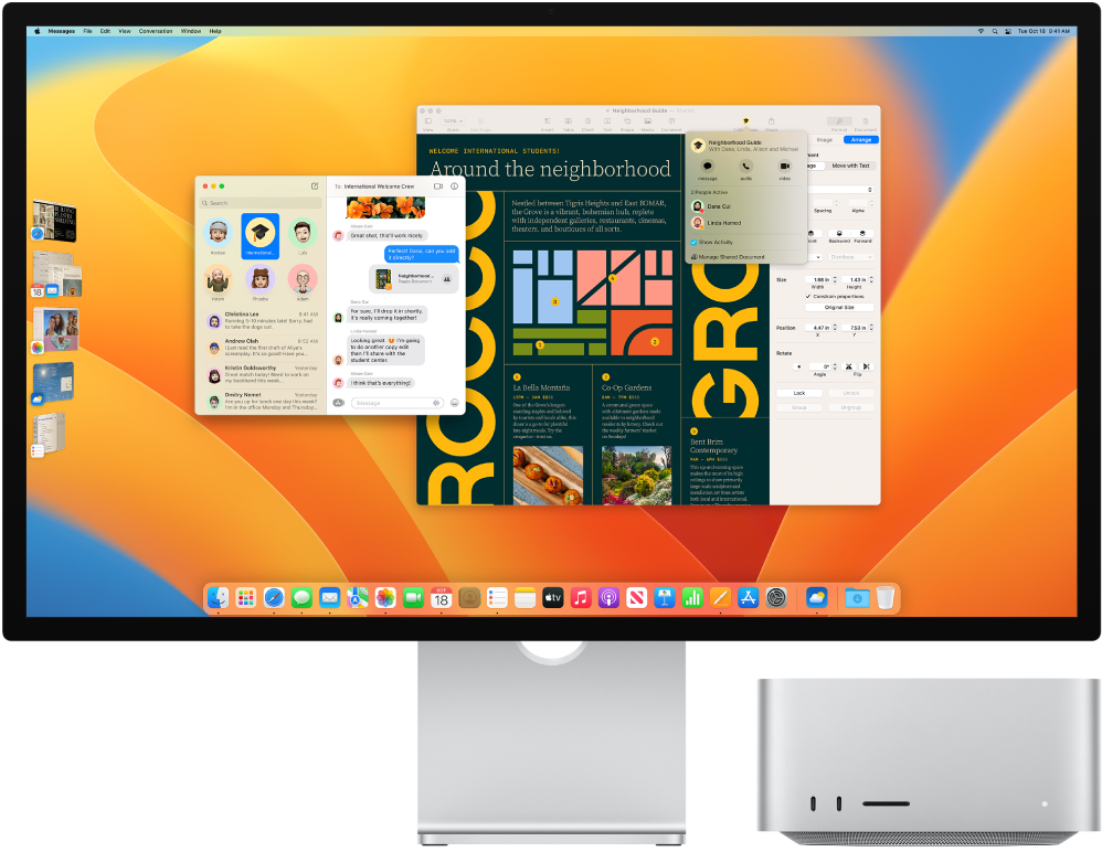 Mac Studio, свързан към монитор, работната площ показва Control Center (Контролен център) и няколко отворени приложения.