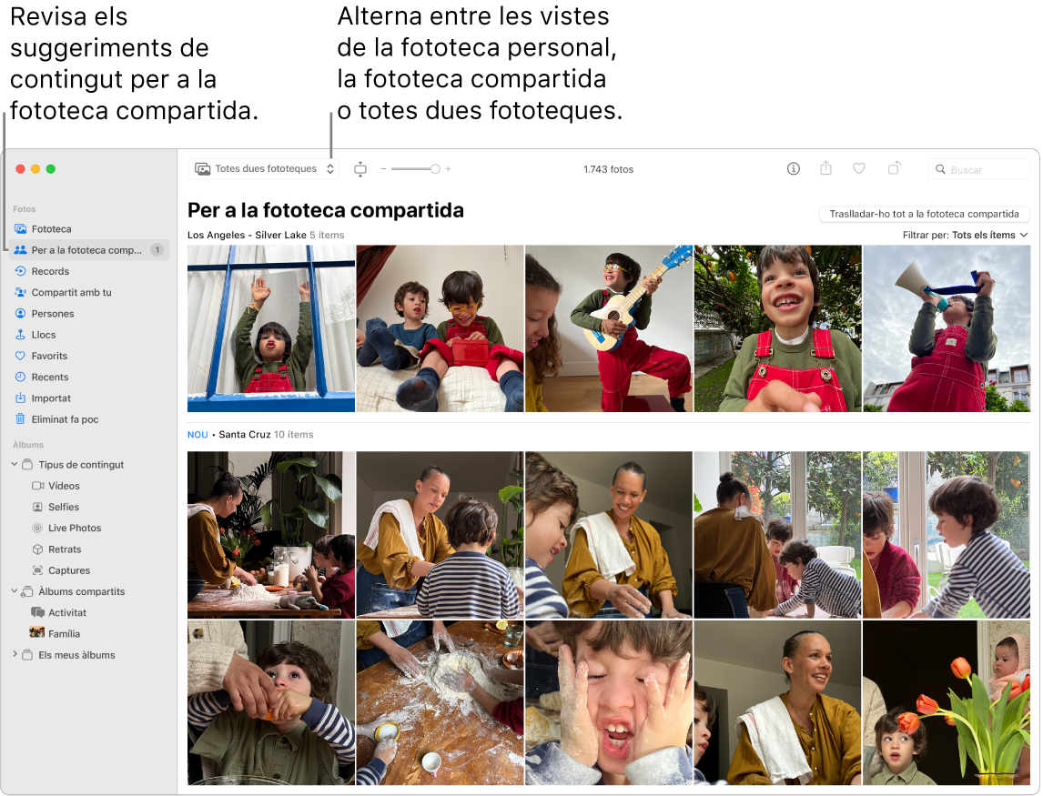 Finestra de l’app Fotos en què es veuen la fototeca personal i la fototeca compartida, amb suggeriments de fotos per a la fototeca compartida.