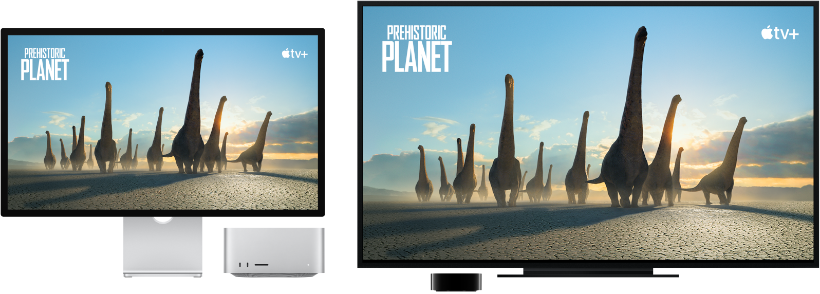 Mac Studio s obsahem zrcadleným přes Apple TV na velkém HD televizoru