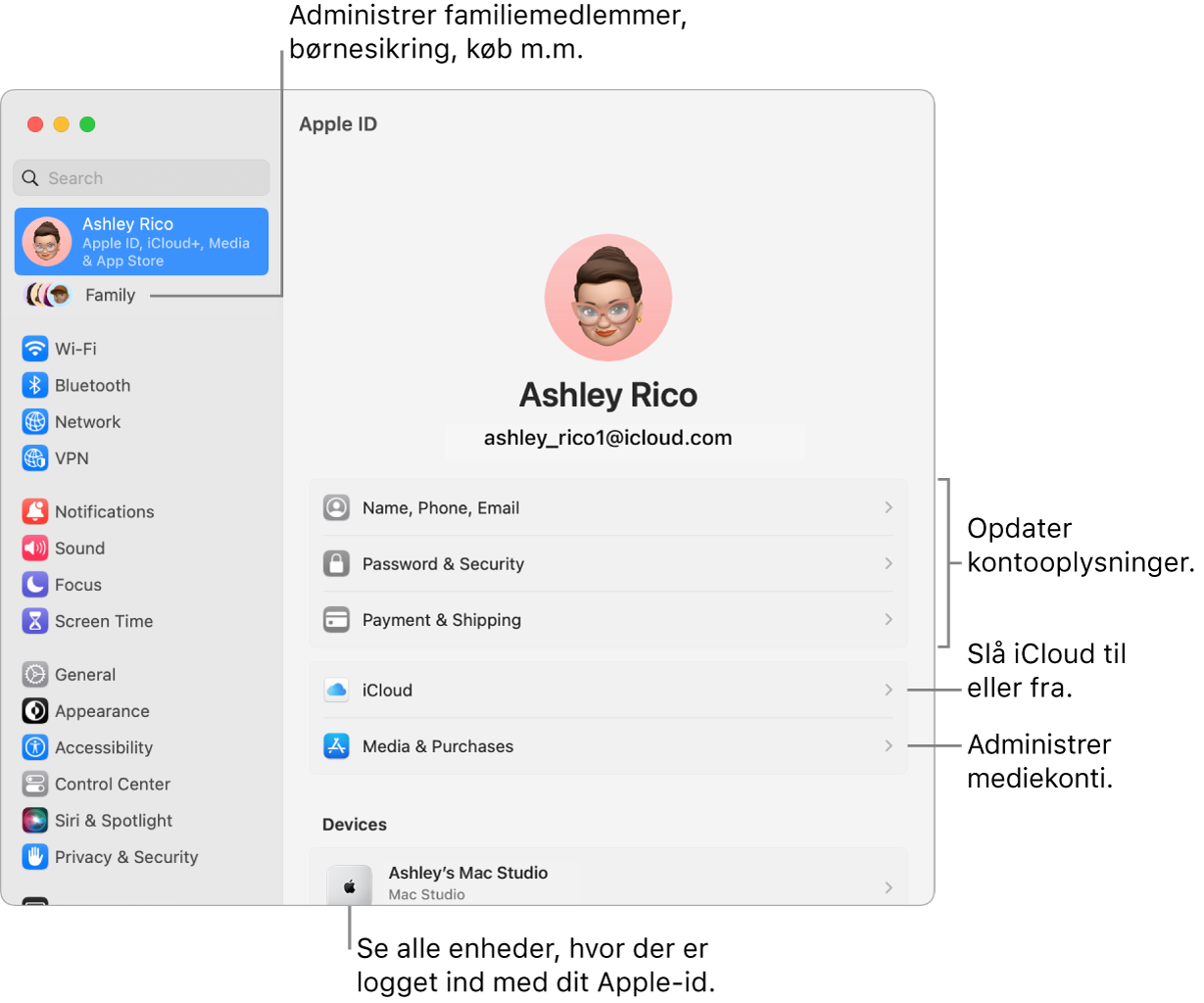 Indstillingerne til Apple-id i Systemindstillinger med billedforklaringer til at opdatere kontooplysninger, slå iCloud-funktioner til og fra, administrere mediekonti samt Familie, hvor du kan administrere familiemedlemmer, børnesikring, køb m.m..