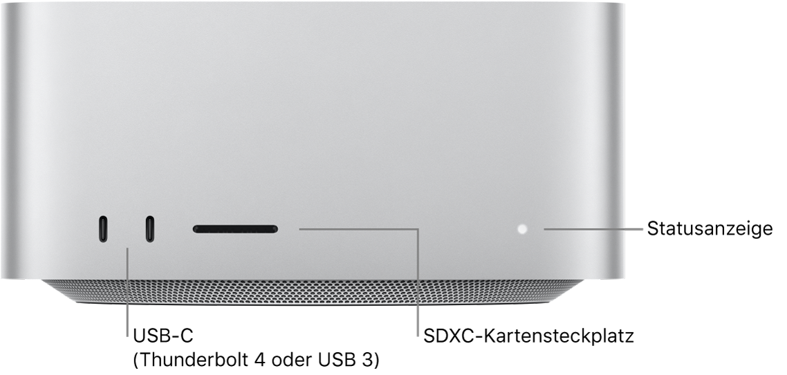 Vorderseite des Mac Studio mit zwei USB-C-Anschlüssen, dem SDXC-Kartensteckplatz und der Statusanzeige