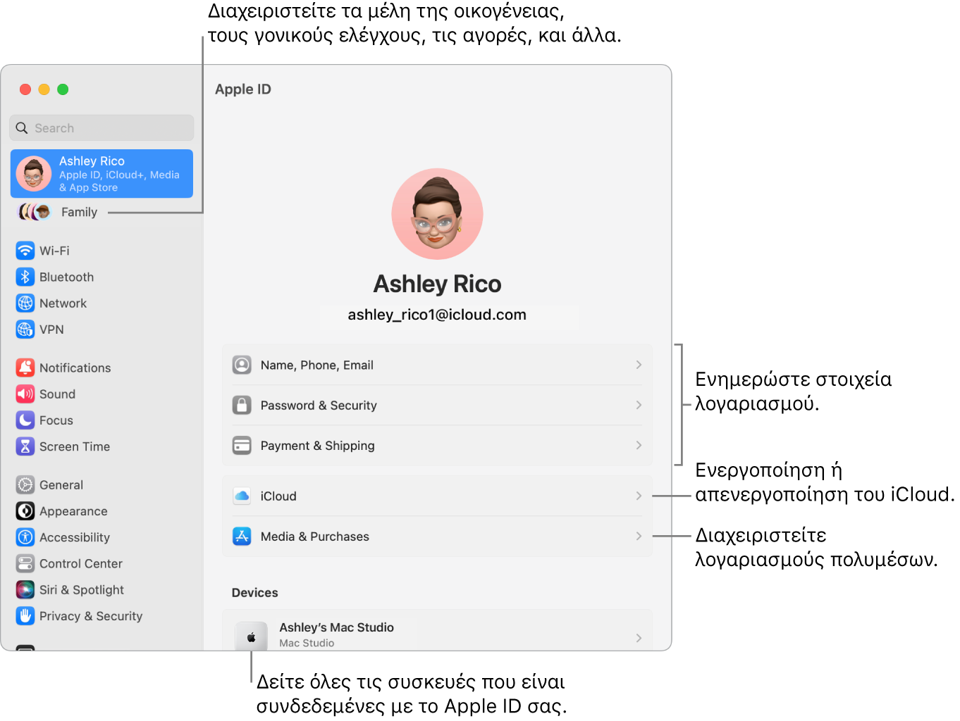 Οι ρυθμίσεις Apple ID στις Ρυθμίσεις συστήματος με επεξηγήσεις για ενημέρωση των στοιχείων λογαριασμού, ενεργοποίηση ή απενεργοποίηση δυνατοτήτων iCloud, διαχείριση λογαριασμών πολυμέσων, και η Οικογένεια όπου μπορείτε να διαχειριστείτε τα μέλη οικογένειας, τον γονικό έλεγχο, τις αγορές και πολλά άλλα..