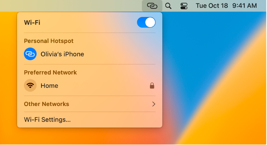 A Mac screen with the Wi-Fi menu showing a Personal Hotspot connected to an iPhone.