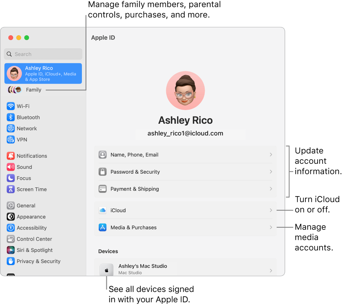 The Apple ID settings in System Settings with callouts to update account information, turn iCloud features on or off, manage media accounts, and Family, where you can manage family members, parental controls, purchases and more..