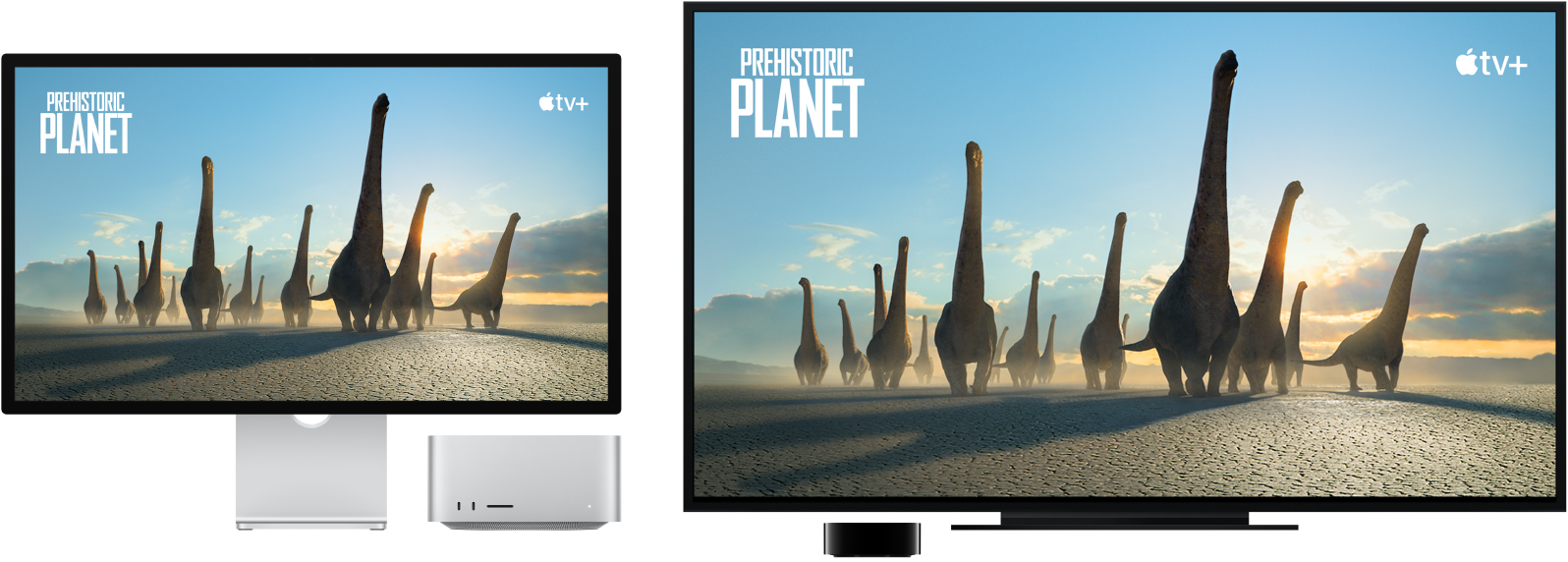Una Mac Studio con el contenido duplicado en una televisión de alta definición a través de un Apple TV.