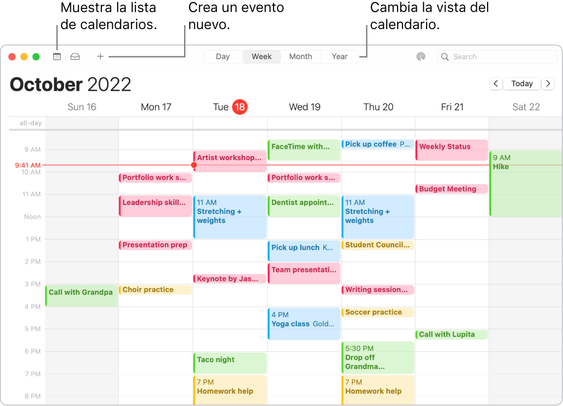 Ventana de Calendario mostrando la lista de calendarios, cómo crear un evento, y cómo seleccionar la vista por días, semanas, meses o años.