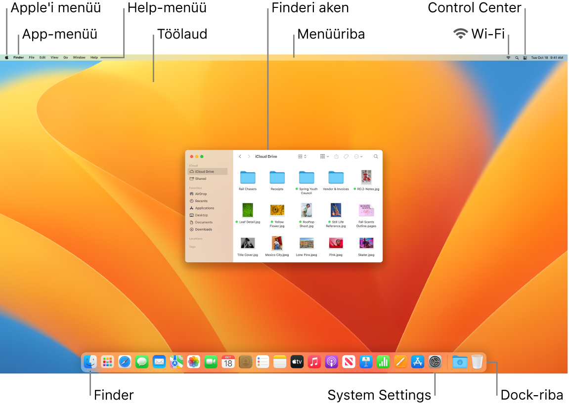 Maci ekraanil kuvatakse Apple'i menüüd, rakenduse menüüd, Help-menüüd, töölauda, menüüriba, Finderi akent, Wi-Fi-ikooni, Control Centeri ikooni, Finderi ikooni, System Settingsi ikooni ja Dock-riba.