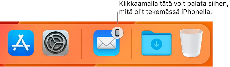 Handoff-kuvake näkyvissä Dockissa.