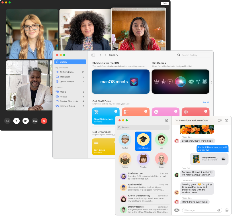 Écrans superposés des apps FaceTime, Raccourcis et Messages.