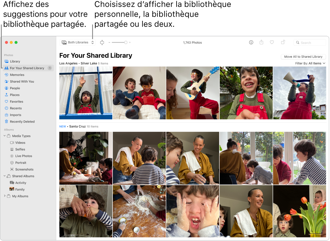 Fenêtre Photos montrant à la fois la Photothèque personnelle et la Photothèque partagée, avec des suggestions de photos pour la photothèque partagée.