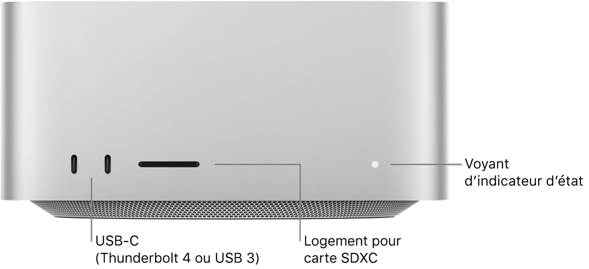 La face avant du Mac Studio présentant deux ports USB-C, un emplacement pour carte SDXC et le voyant d’état.