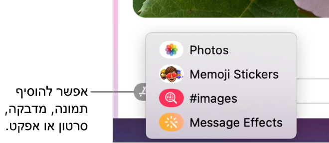 תפריט “יישומים” עם אפשרויות להצגת תמונות, מדבקות Memoji, תמונות GIF ואפקטי הודעות.