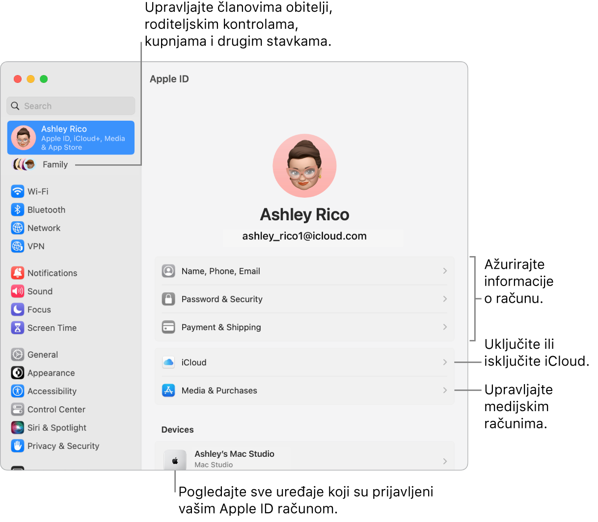 Postavke Apple ID-ja u Postavkama sustava s oblačićima za ažuriranje informacija o računu, uključivanje ili isključivanje značajki iClouda, upravljanje medijskim računima i Obitelji, gdje možete upravljati članovima obitelji, roditeljskim kontrolama, kupnjama i ostalim.