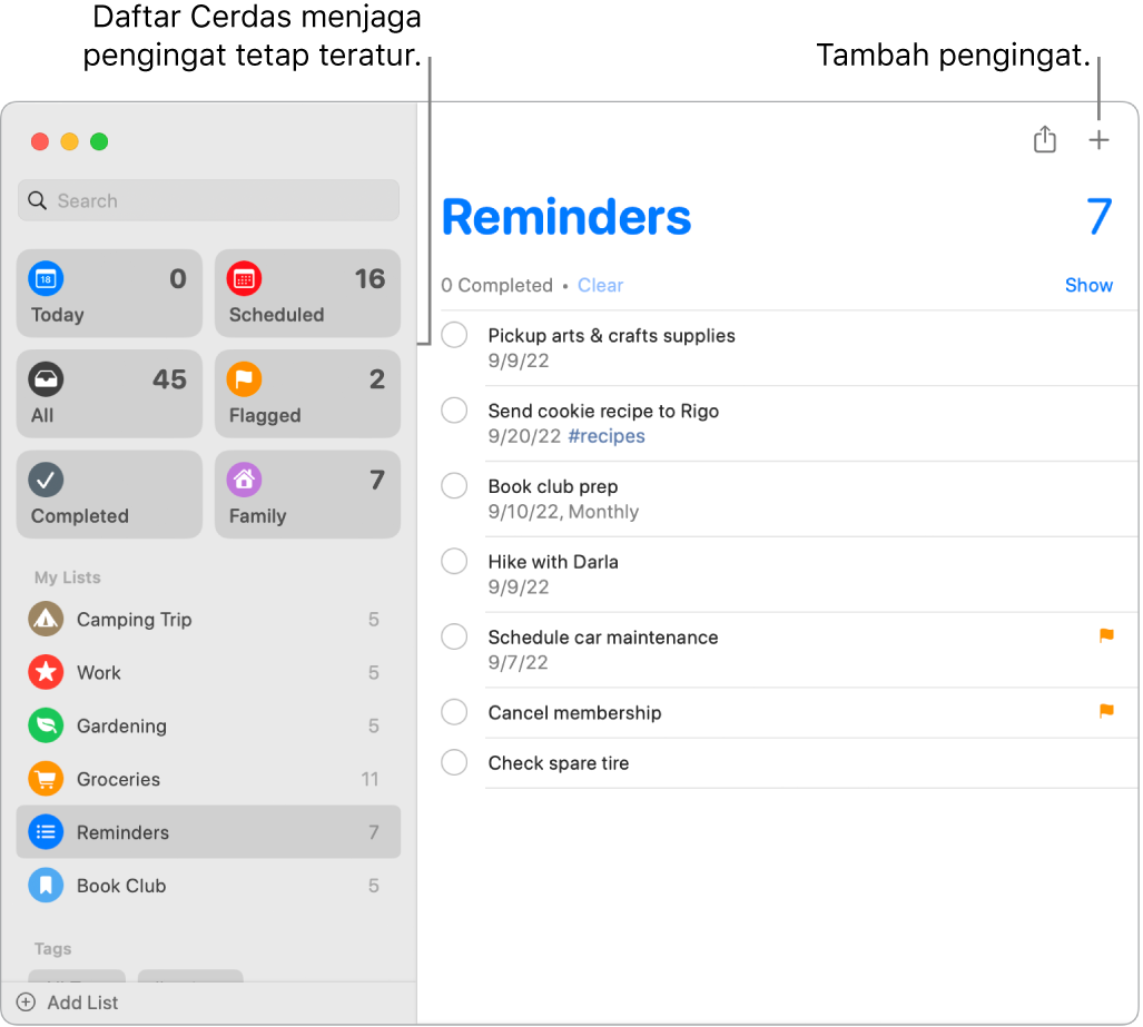 Jendela Pengingat dengan daftar cerdas di sebelah kiri dan pengingat lain serta daftar di bawah. Penunjuk berada di pengingat. Terdapat panggilan untuk Daftar Cerdas dan tombol “Tambah pengingat baru”.