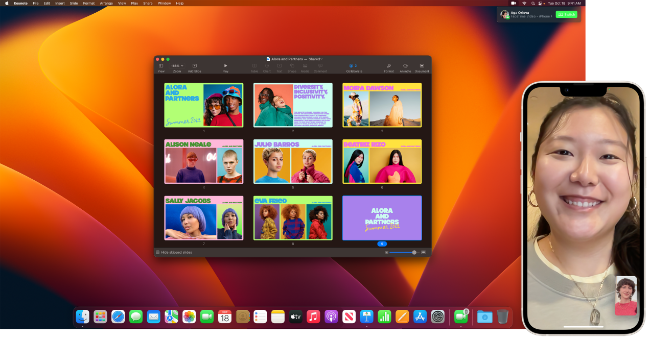 Panggilan FaceTime di iPhone di samping desktop Mac dengan jendela Keynote yang terbuka. Di pojok kanan atas Mac, terdapat tombol untuk mengalihkan panggilan FaceTime ke Mac.