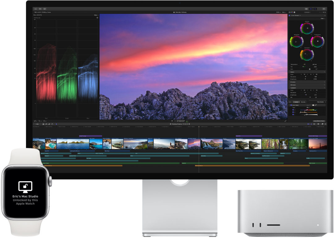 Mac Studio, accanto a un Apple Watch che mostra un messaggio che comunica che il Mac è stato sbloccato dall'orologio.