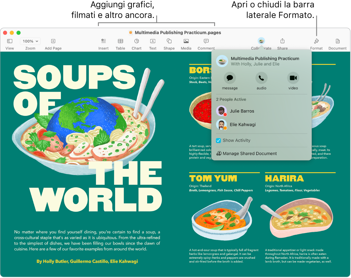 Una finestra di Pages che mostra lo stream attività sotto il pulsante Collabora nella barra degli strumenti, con due persone attive. Sono presenti didascalie per aggiungere grafici, filmati e altro ancora nella barra degli strumenti e una didascalia per aprire o chiudere la barra laterale di formattazione.