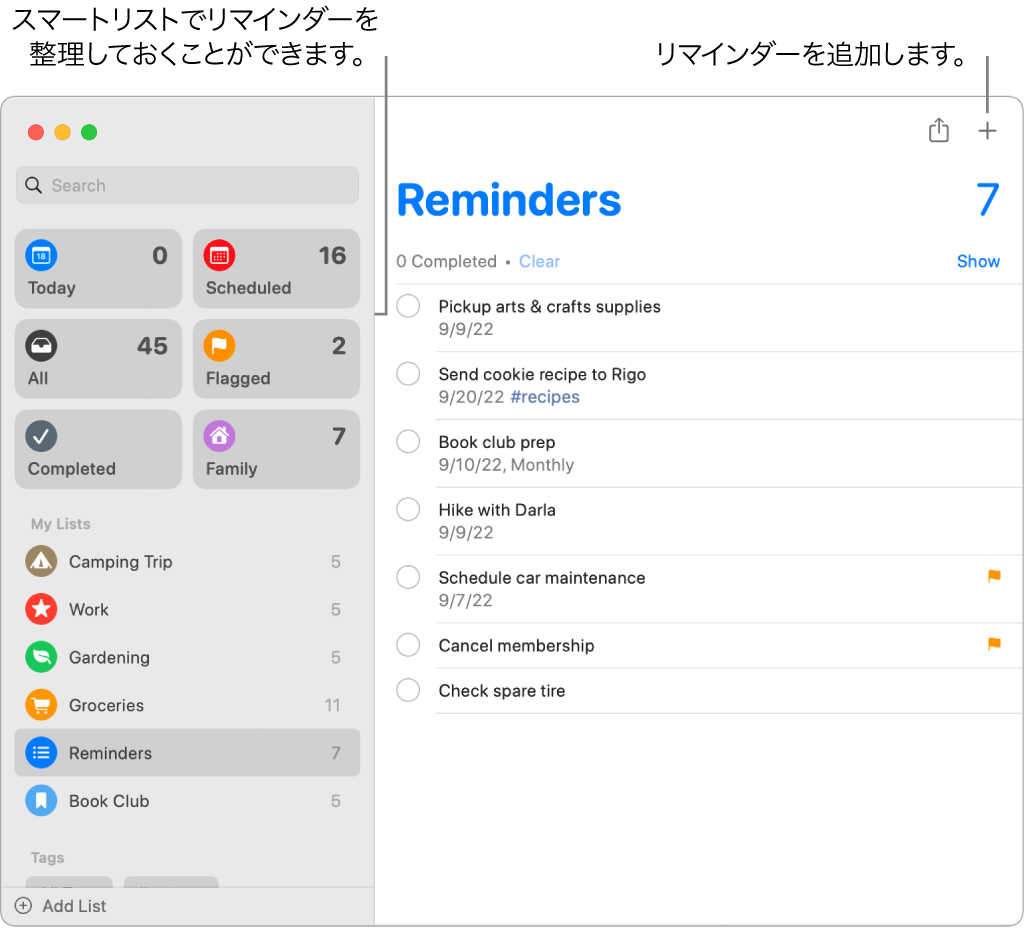 「リマインダー」ウインドウ。左側にはスマートリスト、下にはほかのリマインダーとリストがあります。ポインタはリマインダーの中に置かれています。スマートリストと「新規リマインダーを追加」ボタンへのコールアウトがあります。