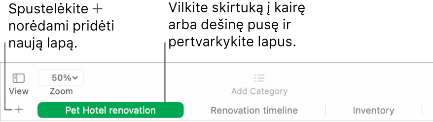 „Numbers“ langas, rodantis, kaip įtraukti naują lapą ir kaip pertvarkyti lapus.