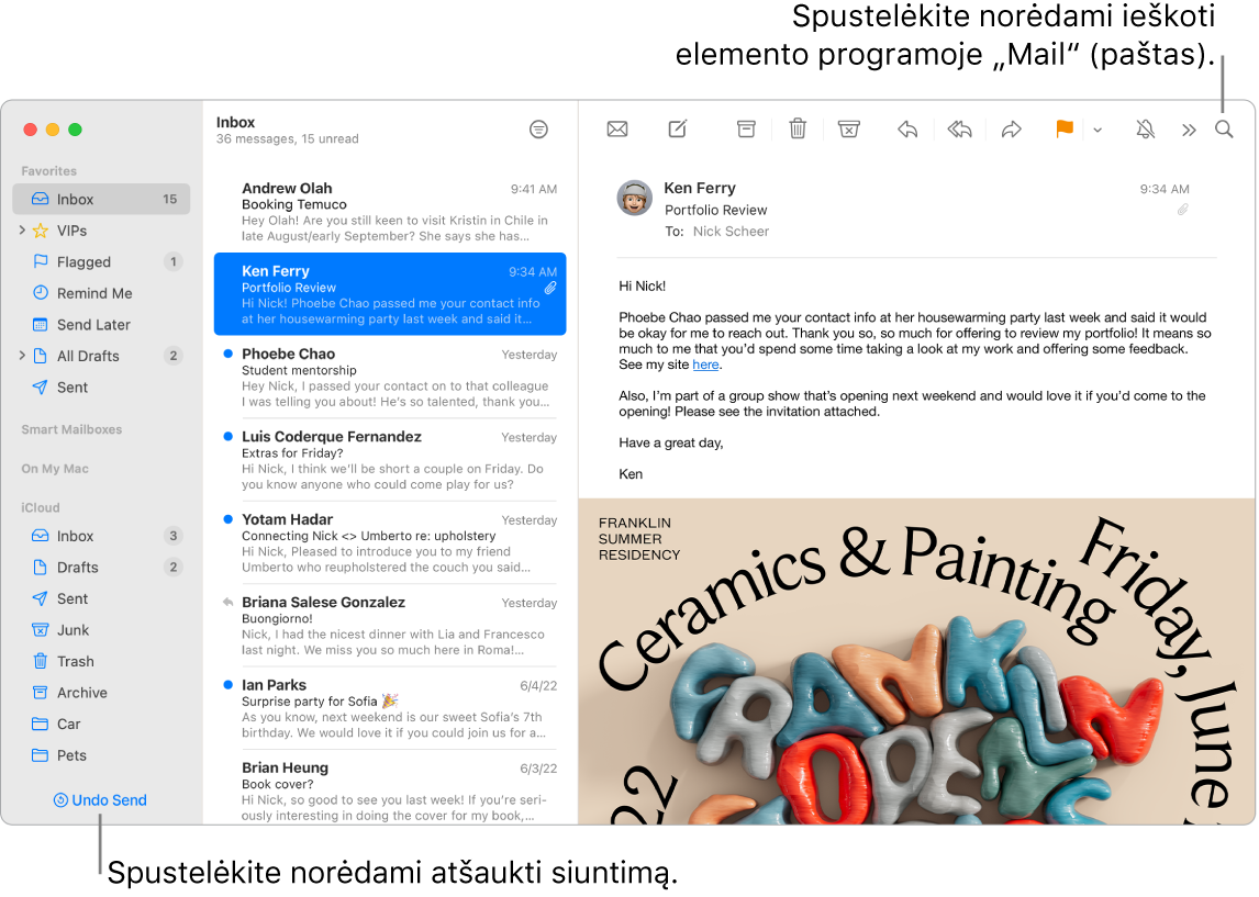 „Mail“ langas: kairėje matosi šoninė juosta ir aplankai „Favorites“, „Smart Mailboxes“ bei „iCloud“, šalia šoninės juostos pateiktas žinučių sąrašas, o pasirinktos žinutės turinys rodomas dešinėje.