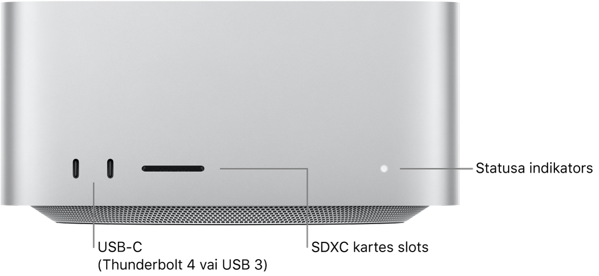 Mac Studio priekšpuse, kur redzami divi USB-C porti, SDXC kartes slots un statusa indikators.