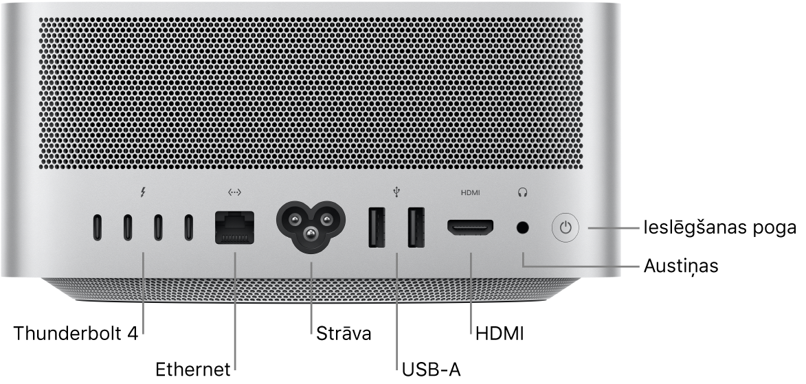 Mac Studio datora aizmugure, kur redzami Thunderbolt 4 (USB-C) porti, Gigabit Ethernet ports, barošanas ports, divi USB-A porti, HDMI ports, 3,5 mm austiņu ligzda un ieslēgšanas poga.