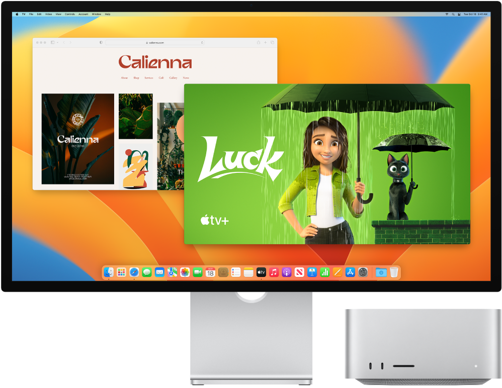 Blakus novietots Mac Studio un Apple Studio Display displejs.
