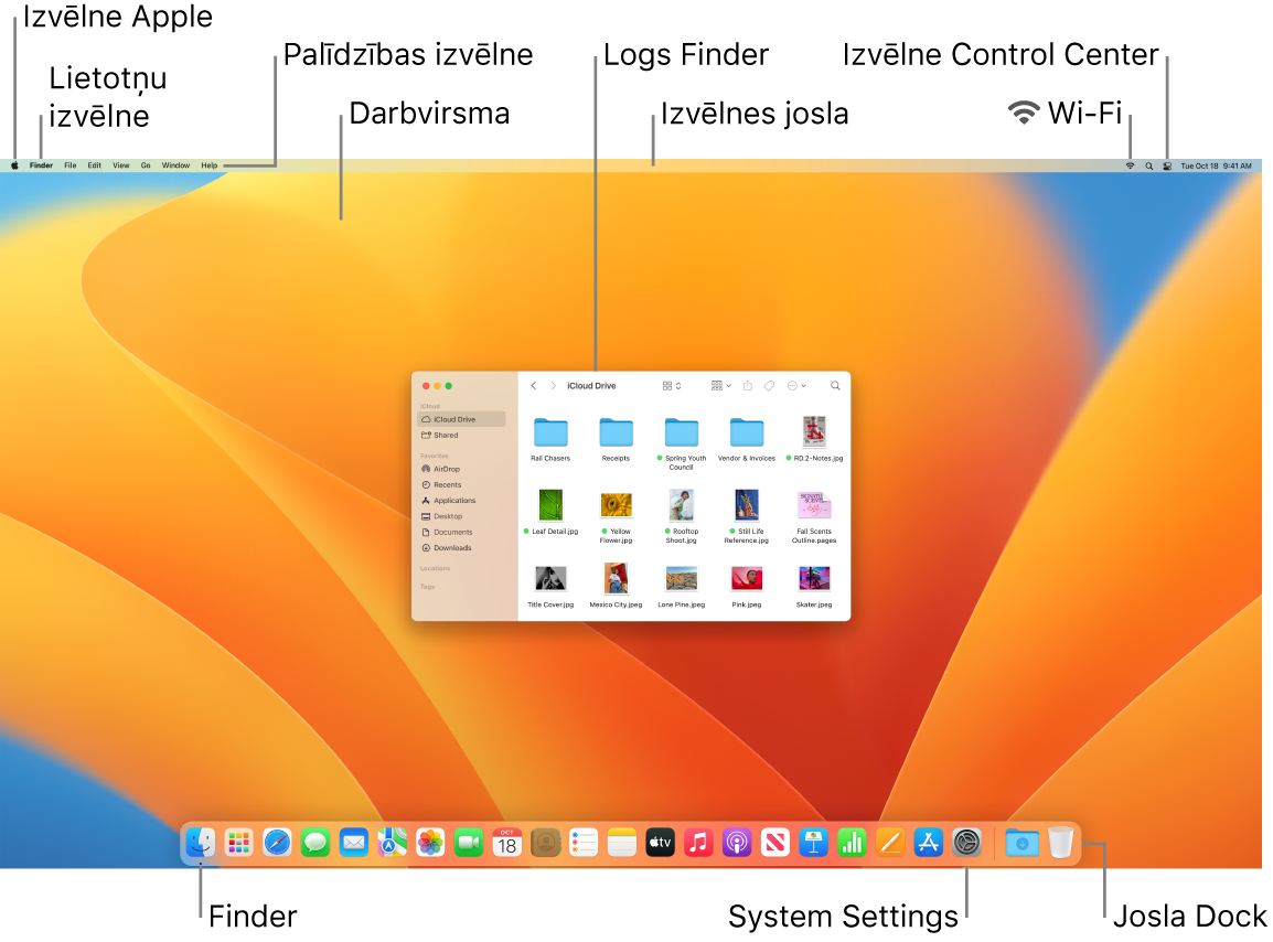 Mac datora ekrānā redzama Apple izvēlne, lietotņu izvēlne, izvēlne Help, darbvirsma, izvēlnes josla, lietotnes Finder logs, Wi-Fi ikona, ikona Control Center, ikona Finder, ikona System Settings un josla Dock.