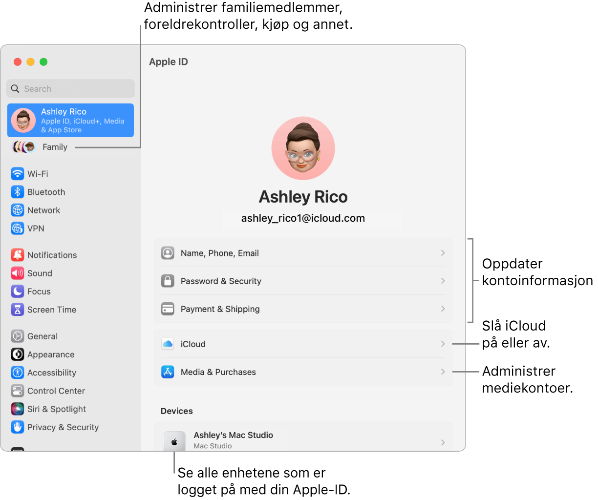 Apple-ID-innstillinger i Systeminnstillinger med forklaringer for hvordan du oppdaterer kontoinformasjon, slår av eller på iCloud-funksjoner, administrerer mediekontoer, og Familie, der du kan administrere familiemedlemmer, foreldrekontroller, kjøp og mer..